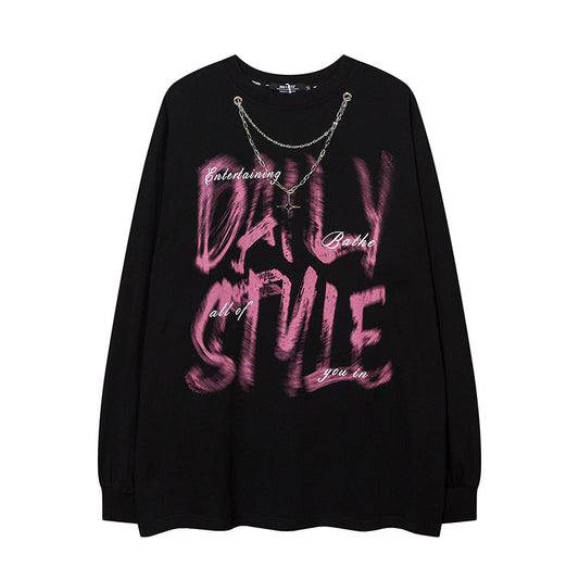 Hip Hop Design Fuzzy Letter Long Sleeve With Chain T-shirt Heavy Men